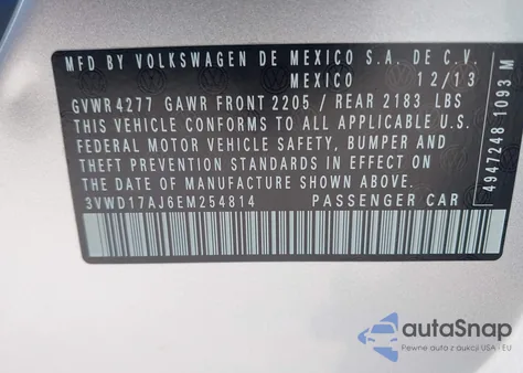 2014 Volkswagen Jetta 1.8T Se z USA, uszkodzony, nr VIN 3VWD17AJ6EM254814